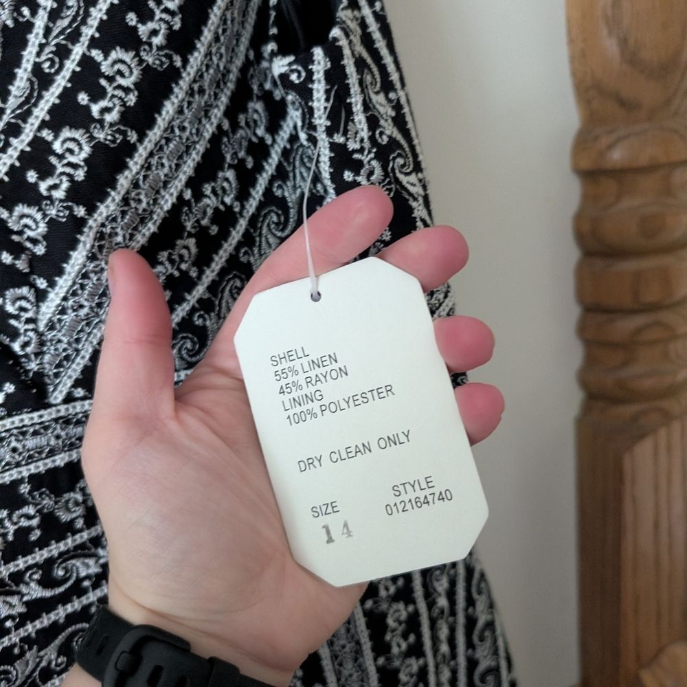 Adriana Papell Linen Blend Black White Embroidered Surplice Dress Size 14 - Picture 2 of 6